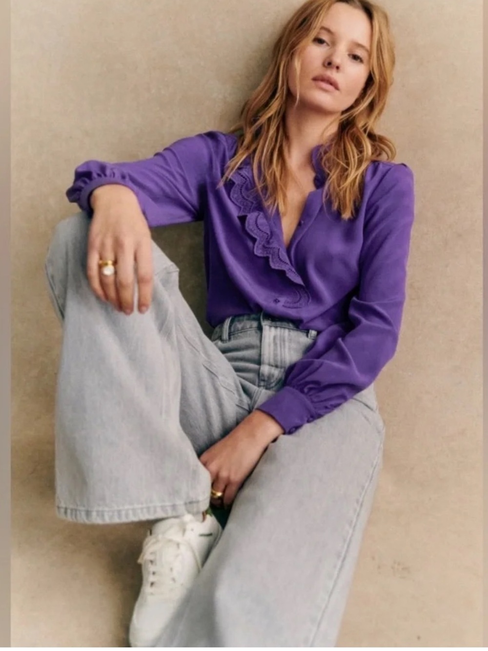Sezane Chlo Button Down Silk Blouse in Purple - size 14